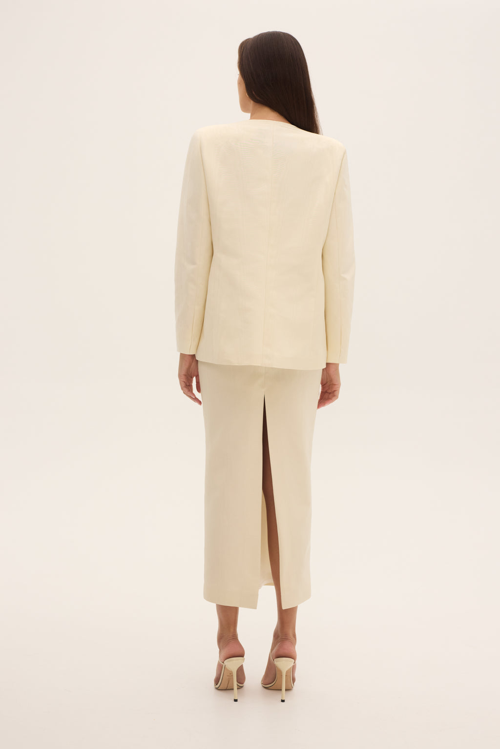 CLEAN CUT – ivory moiré collarless blazer, view 2